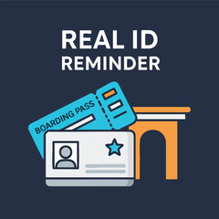 Reminder about Real ID, featuring a boarding pass, an ID card, and a building.