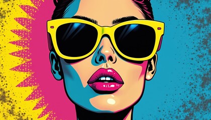Fototapeta premium Pop art illustration shows stylish woman in bold yellow sunglasses. Bright pink lips glossy. Vibrant abstract background with splatters. Modern graphic art features fashion, beauty, cool retro comic