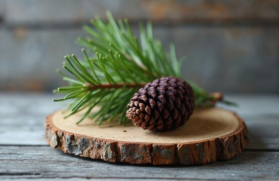 Close up of a dark pine cone and fresh green needles rest on a natural wood slice. Forest elements sit on rustic wooden table. Simple autumn winter decor shows organic nature objects, cozy mood.