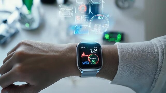 Futuristic smartwatch displaying health metrics and data