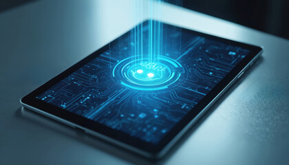 Digital tablet displays intricate glowing blue circuit board pattern. Bright light beams project upward from screen forming dynamic blue hologram. Chatbot AI icon appears prominently advanced