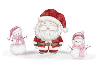Watercolor Santa Claus and Snowmen Illustration
