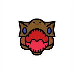 Cartoon dinosaur head roaring with open mouth on white background, showcasing its teeth and fierce expression in a playful style.