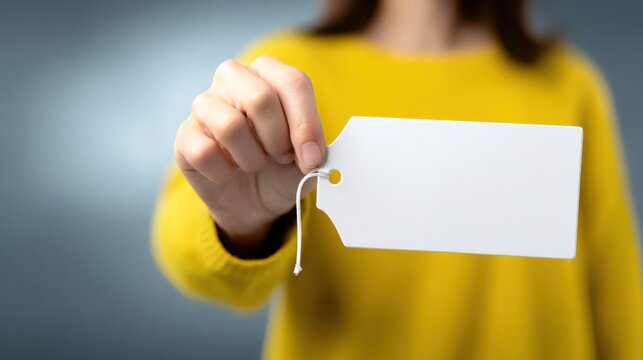 Woman holds white business card for presentation woman displays plain white card ready for use