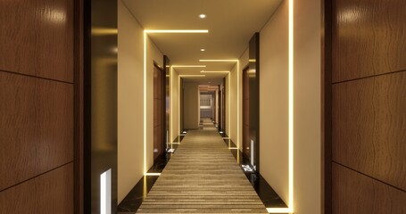 Elegant hotel corridor with warm lighting and minimalist modern design.
