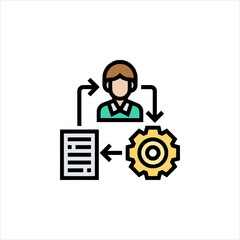 Business process automation showing a person connecting documents with a gear, representing efficiency and workflow optimization in a modern office setting.