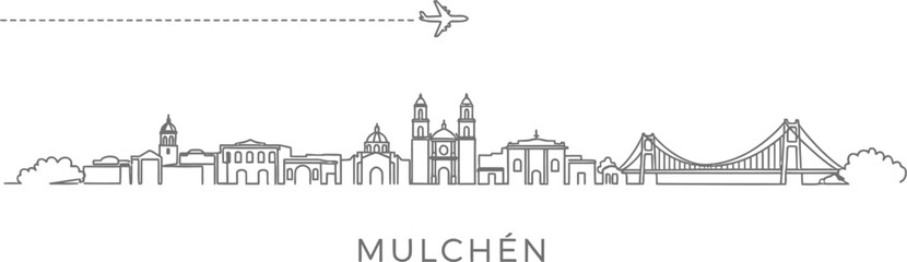 Fototapeta premium Mulchen Chile Skyline with Airplane Travel Line