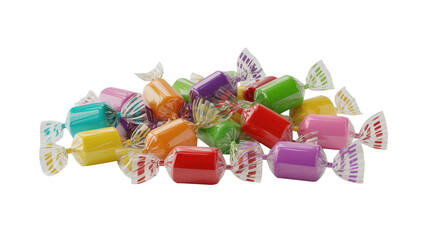 A vibrant pile of colorful individually wrapped hard candies isolated on transparent background