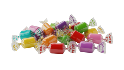 A vibrant pile of colorful individually wrapped hard candies isolated on transparent background