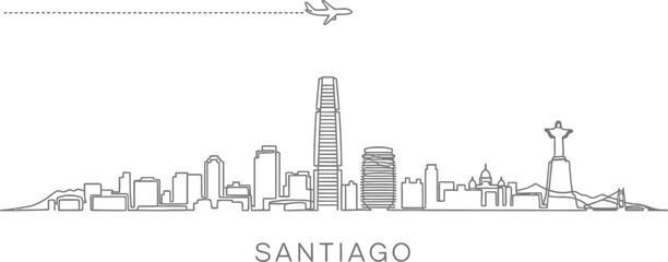 Fototapeta premium Santiago skyline with airplane and dotted flight path