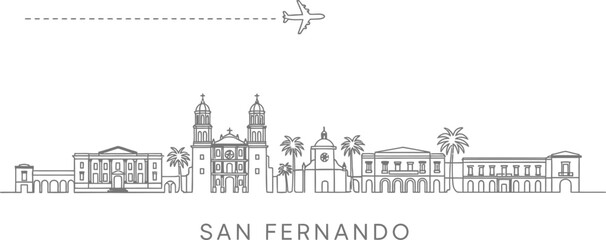San Fernando Skyline with Airplane Travel Line Art