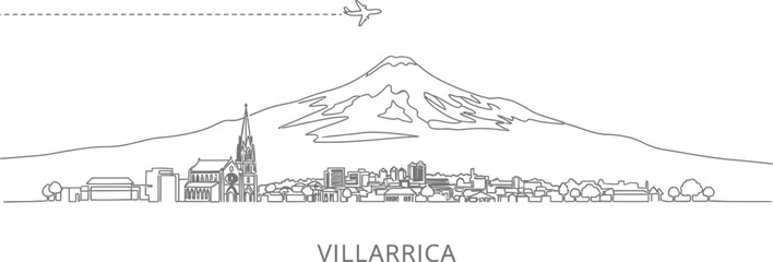 Fototapeta premium Villarrica Cityscape Skyline with Volcano and Airplane