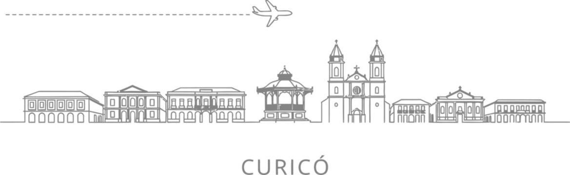 Curico city skyline with airplane and dashed flight path