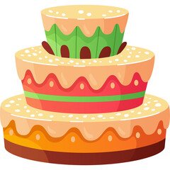 A Three Tier Cartoon Cake With Orange Pink Green Cream Cheese Frosting and Sprinkles Isolated On White Background