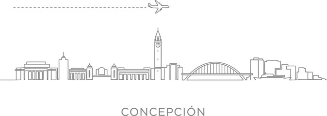 Naklejka premium Minimalist Line Art Skyline of Concepcion with Airplane and Bridge