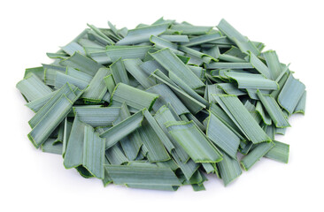 Pile of cut green leaves isolated on white background