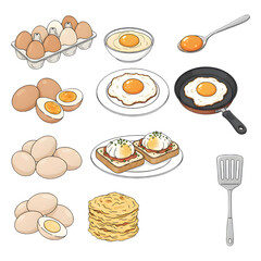 Food stickers set. Raw, cooked, soft boiled eggs collection. Yolk, egg white, cooking elements. Modern cartoon concept. illustration design.
