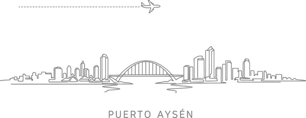 Fototapeta premium Puerto Aysén Skyline with Airplane and Bridge Illustration