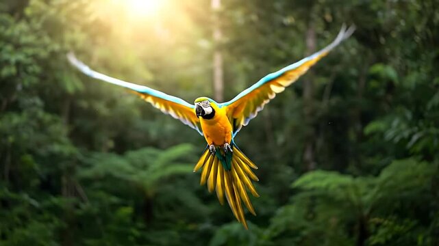Colorful parrot in flight against lush forest backdrop