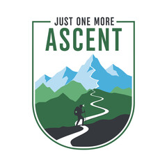 Hiker climbing mountain path with text hiking backpack