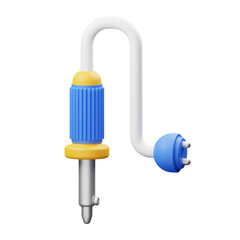 Close up of a blue and yellow soldering iron with a silver metal tip and a coiled white cable connected to a blue electrical plug on a transparent background