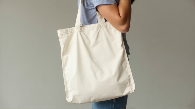 Woman in a blue shirt holding a blank white canvas tote bag for mockup.
