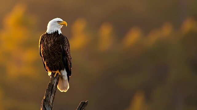Majestic bald eagle perched on branch against blurry background
