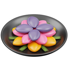 Colorful Tteok rice cakes arranged artistically on a black plate with green garnish featuring purple pink and yellow pastel hues in studio lighting