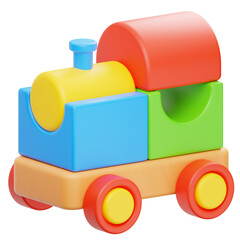 Colorful Building Blocks Toy Train With Red Blue Yellow Green Orange Wheels and Orange Base Against Transparent Background Studio Shot