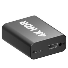 Compact Gray 4K HDR Video Capture Device with HDMI and USB-C Ports on Transparent Background