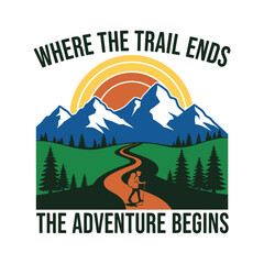 Hiker on mountain trail with text hiking mountains