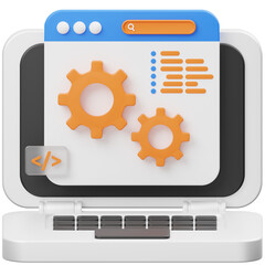 Computer Screen Displaying Web Development Configuration With Orange Gears And Code Symbol On Transparent Background