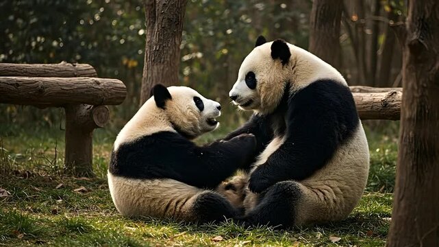 Two giant pandas interacting outdoors in natural habitat