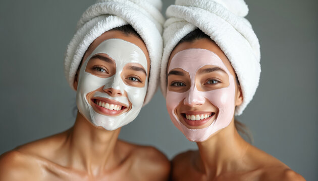 Two young women apply facial masks. Girls with towels on heads do beauty routine. People take care of face skin, enjoy spa day. Happy friends relax, smile together.