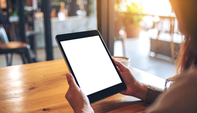 Person holding digital tablet computer with blank screen in coffee shop sunlight background with copy space