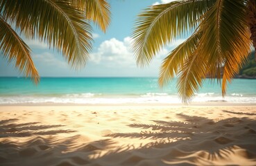 Fototapeta premium Palm fronds hang over a sandy beach with gentle ocean waves. Turquoise water meets the horizon under a blue sky with clouds. Tropical paradise, sunny day, peaceful scenery.