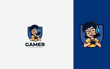 Mascot cartoon logo for gamer streamer, geek .vector illustration, isolated design template