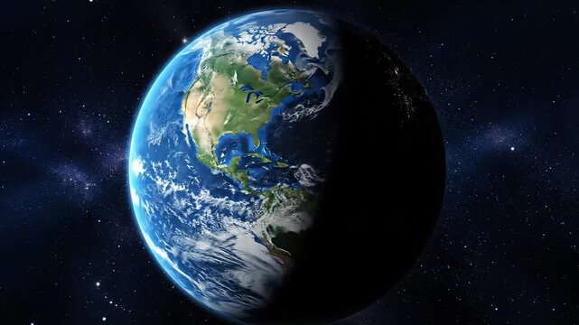 Beautiful view of planet Earth from space with half in sunlight and half in darkness, set against a starry sky.