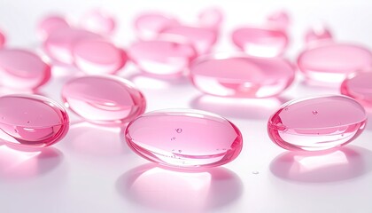 Scattered Translucent Pink Oval Shaped Gel Capsules Reflecting Light on a White Surface in Studio Lighting