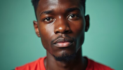 Obraz premium Young Black man close up portrait. Intense determined serious face shows great focus, concentration, effort. Dark skin sweats, showing hard work, fitness, sport, challenge. Adult male wears red