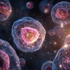 Naklejka premium Glowing pink/gold cell structure, blurred background