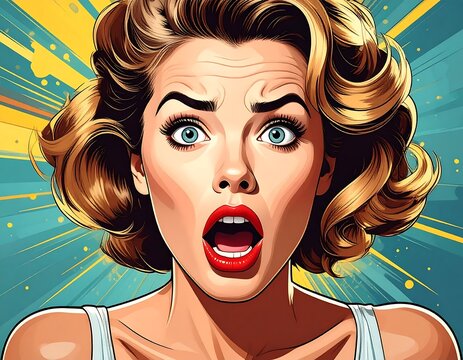 Pop art portrait of a blonde woman expressing wide-eyed shock