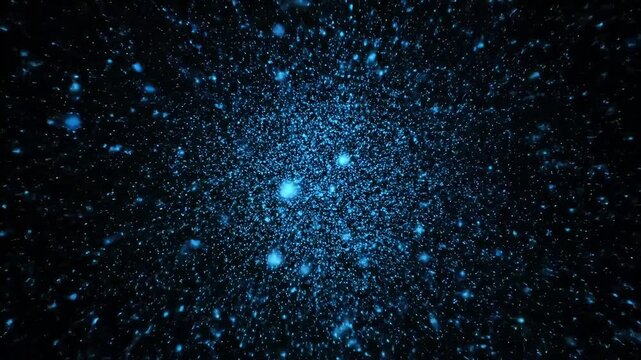 Shimmering blue particles explode in a dark, cosmic background, creating a sense of wonder and vastness.