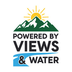 Mountains sun water text logo vector
