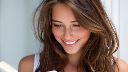 Naklejka premium Elegant woman with flowing brown hair captured in portrait portrait of woman showcasing her beautiful long brown hair