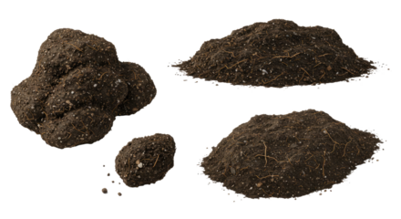 Close-up of rich garden soil and dirt clumps isolated on white background, perfect for gardening and planting projects