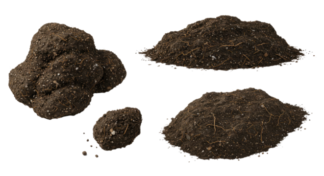 Close-up of rich garden soil and dirt clumps isolated on white background, perfect for gardening and planting projects