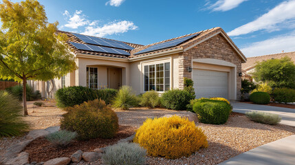 Single-story suburban home with beige, brown exterior features solar panels, two-car garage, desert-style landscaping, house located in Las Vegas under clear blue sky, energy savin