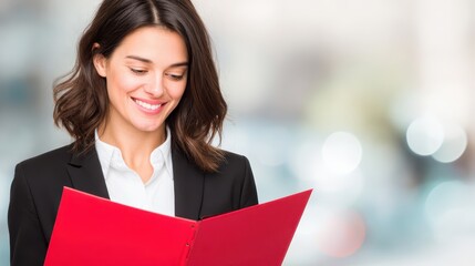 Fototapeta premium Woman in business suit holds red folder professional woman presents document in red folder