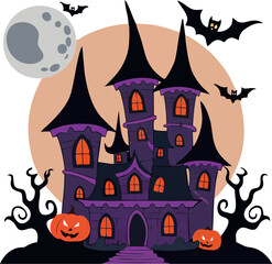 Spooky Halloween Witch Castle Vector Illustration, Haunted Mansion with Jack-o-Lanterns, Full Moon, Bats, and Twisted Trees